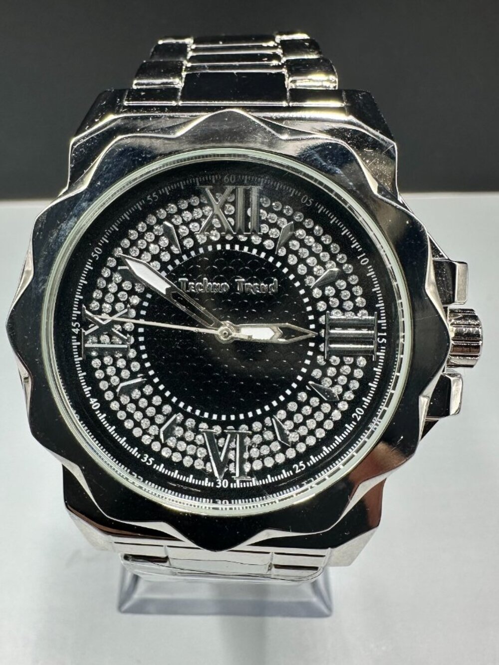 Techno Trend Watch Men Silver Tone Black Dial Round 43MM New Battery 8.25"